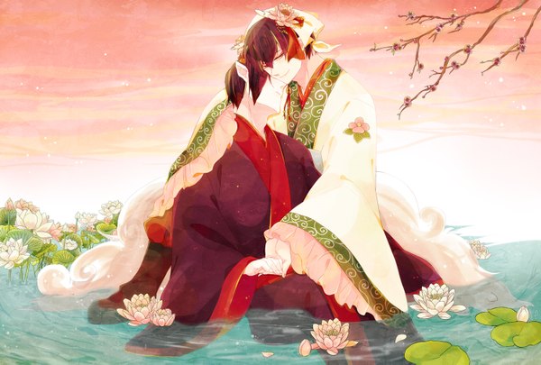Anime picture 1500x1013 with hoozuki no reitetsu wit studio hoozuki (hoozuki no reitetsu) hakutaku (hoozuki no reitetsu) nicole (usako) short hair blue eyes black hair smile traditional clothes japanese clothes pointy ears multiple boys hug holding hands chinese clothes shounen ai demon boy flower (flowers)