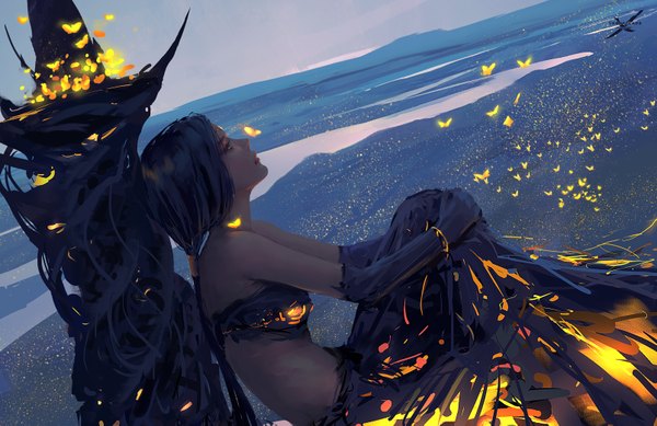 Anime picture 1608x1045 with ghost blade aeolian wlop single long hair sitting bare shoulders looking away sky purple hair outdoors midriff glowing horizon landscape fantasy scenic river logo girl