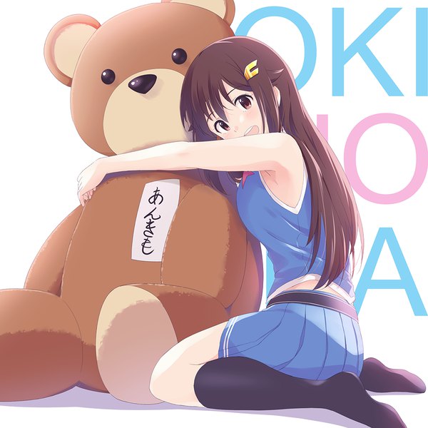 Anime picture 1000x1000 with virtual youtuber hololive tokino sora narumi nanami single long hair looking at viewer fringe open mouth hair between eyes brown hair white background sitting brown eyes pleated skirt teeth armpit (armpits) no shoes sleeveless hug