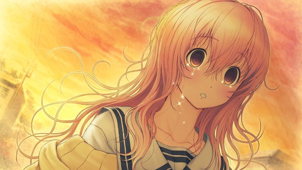 Anime picture 2048x1152 with kimi to kanojo to kanojo no koi nitroplus mukou aoi single long hair blush highres open mouth wide image pink hair game cg sky cloud (clouds) pink eyes teeth tears evening sunset crying girl