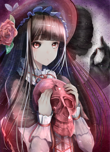 Anime picture 1500x2066 with ajin original kuroi yuurei nicky w single long hair tall image looking at viewer fringe red eyes brown hair holding upper body blunt bangs ghost blood on face black sclera girl dress flower (flowers)