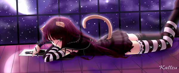 Anime picture 1000x409 with original kattzu fringe wide image purple eyes animal ears purple hair lying animal tail cat ears night cat girl cat tail girl thighhighs star (stars) striped thighhighs paper