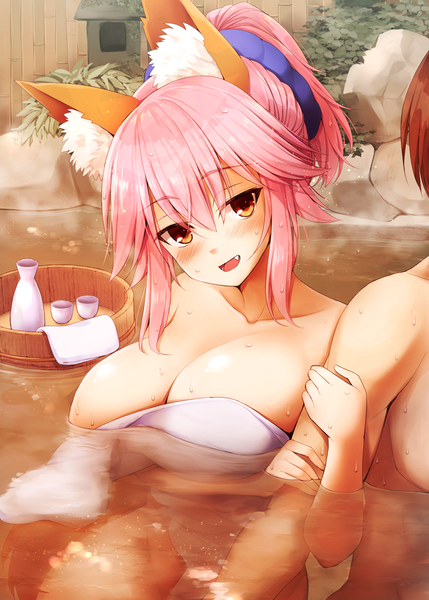 Anime picture 800x1119 with fate (series) fate/extra fate/extra ccc tamamo (fate) (all) tamamo no mae (fate) kishinami hakuno (male) kurikara tall image looking at viewer blush fringe short hair breasts open mouth light erotic hair between eyes brown hair large breasts bare shoulders animal ears