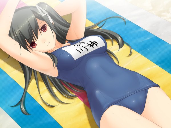 Anime picture 1024x768 with fluorite memories long hair light erotic black hair red eyes game cg lying girl swimsuit one-piece swimsuit school swimsuit