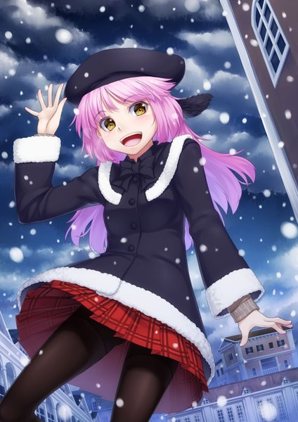 Anime picture 1000x1414 with original h kasei single long hair tall image open mouth yellow eyes pink hair cloud (clouds) pleated skirt from below snowing winter girl skirt pantyhose beret