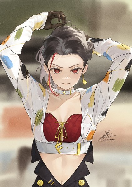 Anime picture 1061x1500 with original fadingz single tall image looking at viewer blush fringe short hair breasts light erotic black hair red eyes signed cleavage upper body long sleeves multicolored hair blurry arms up streaked hair