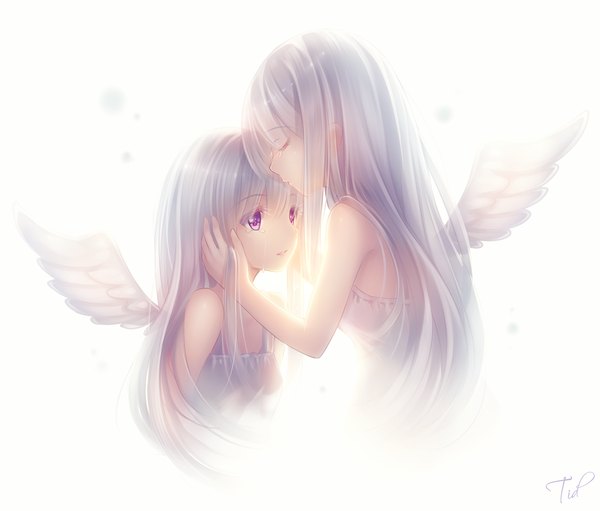 Anime picture 1174x1000 with original tidsean long hair simple background white background purple eyes bare shoulders multiple girls signed white hair angel wings girl dress 2 girls wings sundress