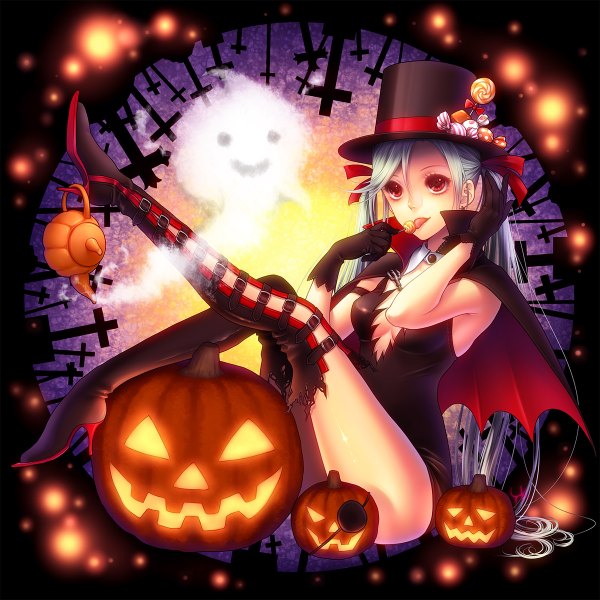 Anime picture 1200x1200 with original kayu single long hair light erotic red eyes sitting twintails aqua hair legs halloween girl gloves thigh boots eyepatch cross candy lollipop vegetables jack-o'-lantern