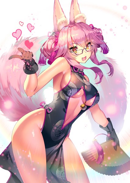 Anime picture 570x800 with fate (series) fate/grand order tamamo (fate) (all) koyanskaya yoshimoto (dear life) single long hair tall image looking at viewer blush fringe breasts open mouth light erotic simple background smile hair between eyes standing holding animal ears