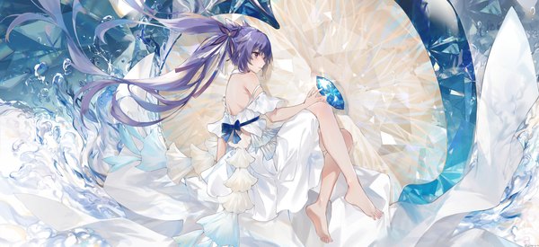Anime picture 7131x3263 with genshin impact keqing (genshin impact) swkl:d single highres wide image purple eyes twintails looking away absurdres purple hair full body very long hair profile barefoot bare legs hair bun (hair buns) girl dress hair ornament