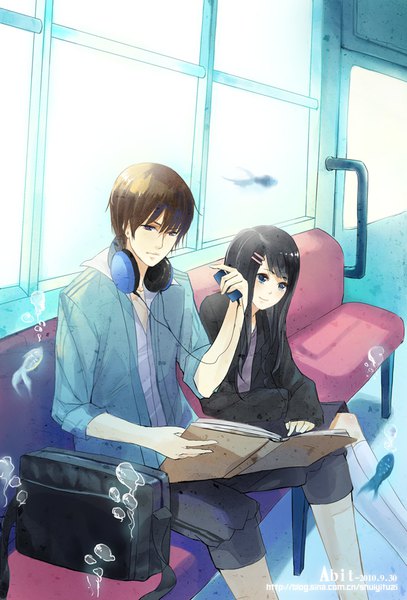 Anime picture 600x883 with original shuiyituzi long hair tall image fringe short hair blue eyes black hair smile brown hair sitting holding looking away inscription looking down headphones around neck girl boy animal window