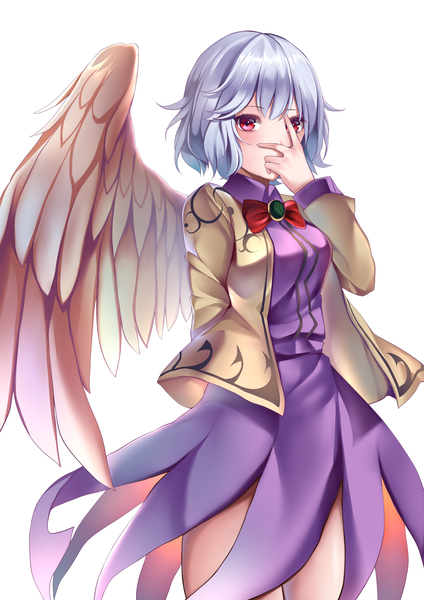 Anime picture 2894x4093 with touhou kishin sagume koizumo single tall image highres short hair simple background red eyes white background silver hair open jacket arm behind back hand on face single wing girl wings jacket