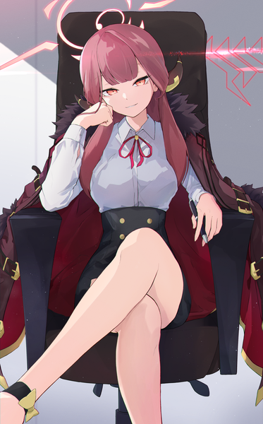 Anime picture 1638x2635 with blue archive aru (blue archive) ace kin single long hair tall image looking at viewer red eyes sitting pink hair horn (horns) bare legs crossed legs clothes on shoulders head rest girl skirt miniskirt shirt food