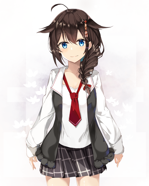 Anime picture 1108x1388 with kantai collection shigure destroyer unajuu (set mk) single long hair tall image looking at viewer fringe blue eyes smile hair between eyes brown hair white background ahoge braid (braids) open clothes official alternate costume single braid remodel (kantai collection) girl