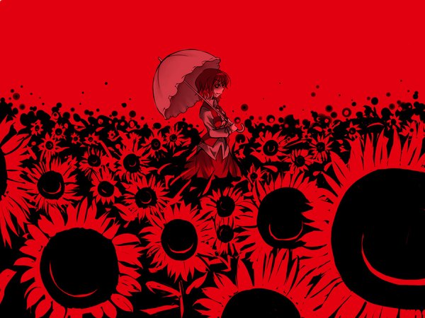 Anime picture 1024x768 with touhou kazami yuuka monochrome girl flower (flowers) umbrella sunflower parasol hirase yuu