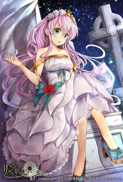 Anime picture 640x950 with violation of rebellion (game) rebellion single long hair tall image looking at viewer fringe open mouth blue eyes sitting bare shoulders pink hair purple hair bent knee (knees) multicolored hair hair flower night night sky copyright name gradient hair