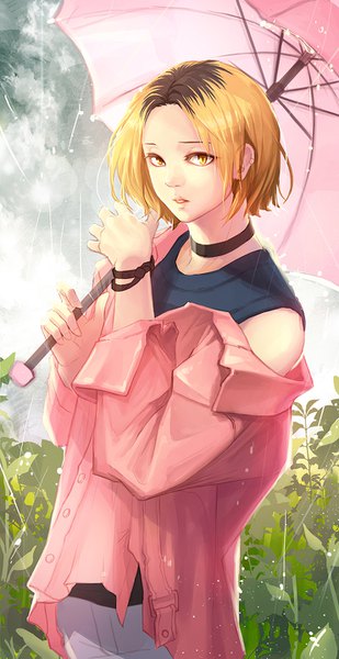 Anime picture 740x1435 with haikyuu!! production i.g kozume kenma i-sol-e single tall image looking at viewer short hair blonde hair standing bare shoulders holding yellow eyes sky cloud (clouds) outdoors parted lips multicolored hair off shoulder two-tone hair