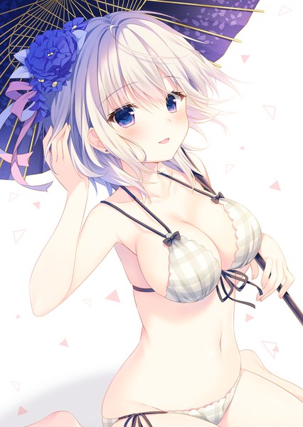 Anime picture 700x985 with idolmaster idolmaster cinderella girls anastasia (idolmaster) yamucha single tall image looking at viewer blush short hair breasts open mouth light erotic purple eyes cleavage white hair hair flower girl navel flower (flowers) swimsuit