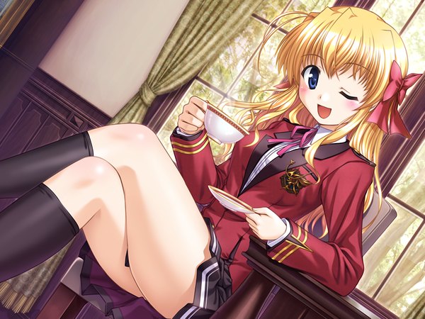Anime picture 1200x900 with fortune arterial august soft sendou erika bekkankou single long hair looking at viewer blush fringe open mouth blue eyes blonde hair sitting holding game cg one eye closed crossed legs girl skirt uniform