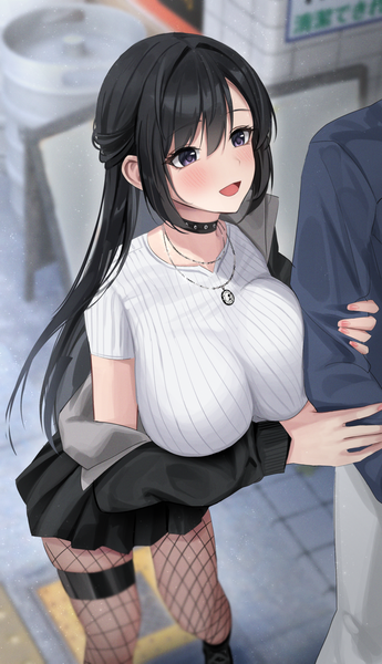 Anime picture 1395x2427 with original po ppe long hair tall image blush fringe breasts open mouth light erotic black hair smile hair between eyes standing purple eyes looking away outdoors long sleeves :d pleated skirt from above