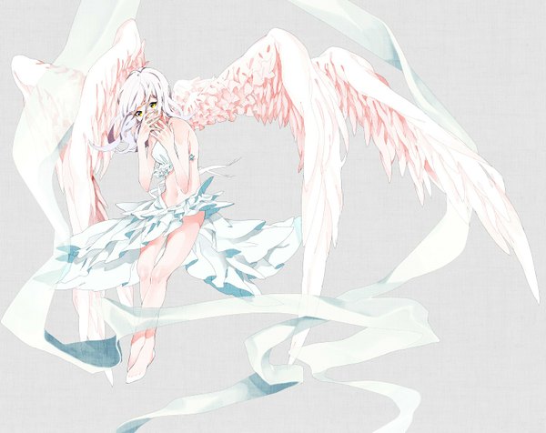Anime picture 1520x1207 with original okuya (artist) single long hair looking at viewer simple background yellow eyes white hair barefoot grey background bare belly legs hands on face multiple wings girl skirt navel ribbon (ribbons) wings frills