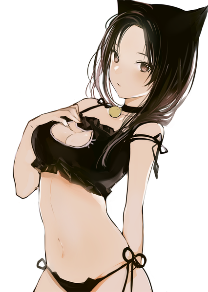Anime picture 600x844 with original lpip single long hair tall image looking at viewer blush fringe breasts light erotic black hair simple background large breasts white background brown eyes animal ears parted lips cat ears cat girl underwear only