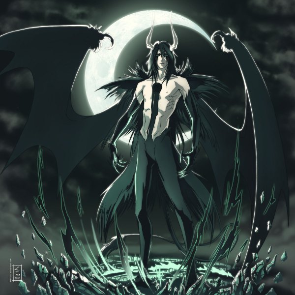 Anime picture 1200x1200 with bleach studio pierrot ulquiorra schiffer anhellica tail horn (horns) night espada boy wings moon