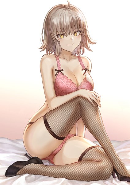 Anime picture 1302x1842 with fate (series) fate/grand order jeanne d'arc (fate) (all) jeanne d'arc alter (fate) mashuu (neko no oyashiro) single tall image looking at viewer blush fringe short hair breasts light erotic simple background smile hair between eyes large breasts sitting bare shoulders yellow eyes
