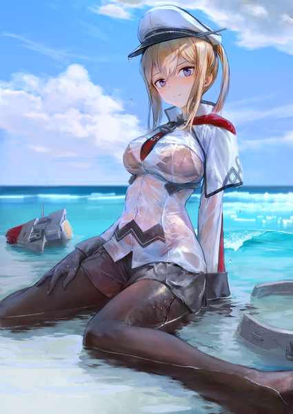 Anime picture 1280x1809 with kantai collection graf zeppelin (kantai collection) treeware single long hair tall image looking at viewer blush fringe short hair light erotic blonde hair hair between eyes sitting purple eyes twintails payot sky cloud (clouds) outdoors