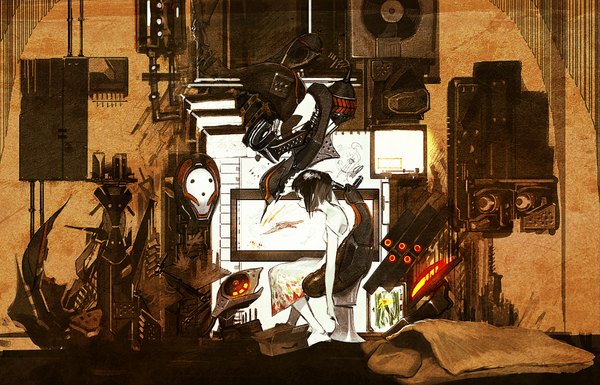 Anime picture 2196x1412 with original asgr highres short hair black hair sitting bare shoulders mechanical girl dress garbage