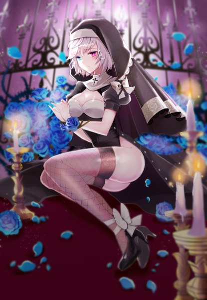 Anime picture 870x1257 with sword girls iri flina single tall image short hair light erotic white hair heterochromia nun girl thighhighs flower (flowers) black thighhighs petals rose (roses) candle (candles)