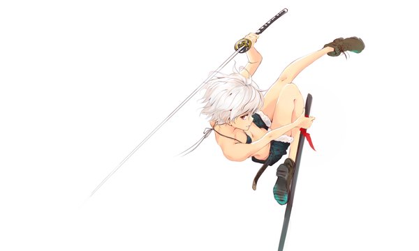 Anime picture 2912x1748 with original lumo 1121 single looking at viewer highres short hair light erotic simple background red eyes wide image white background white hair profile from above clenched teeth girl weapon sword shoes shorts