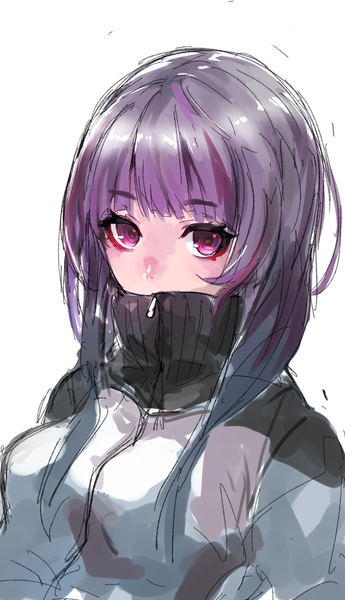 Anime picture 1122x1948 with original maido mido single long hair tall image looking at viewer fringe simple background white background purple hair upper body blunt bangs pink eyes covered mouth sketch girl jacket zipper