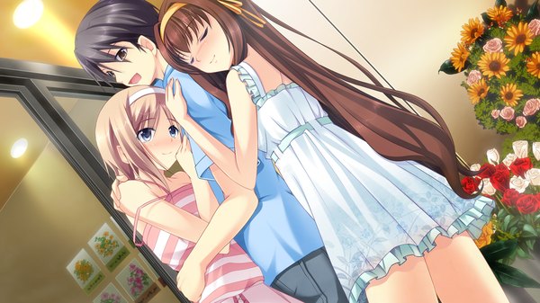 Anime picture 1280x720 with anata no koto o suki to iwasete fujikura yukino konoha nao long hair blush short hair blue eyes black hair blonde hair brown hair wide image multiple girls brown eyes game cg eyes closed girl dress boy flower (flowers) 2 girls