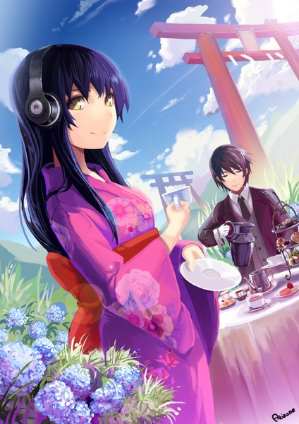 Anime picture 1240x1754 with original akizone long hair tall image short hair black hair signed yellow eyes cloud (clouds) eyes closed japanese clothes girl boy flower (flowers) kimono headphones cup