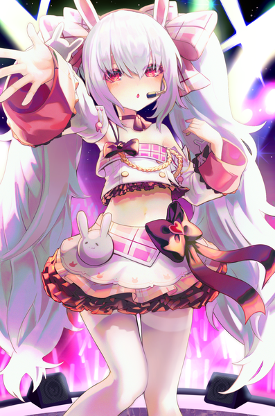 Anime picture 1559x2355 with azur lane laffey (azur lane) laffey (halfhearted bunny idol) (azur lane) huskk single long hair tall image looking at viewer blush fringe breasts open mouth light erotic hair between eyes standing twintails bare shoulders animal ears silver hair long sleeves