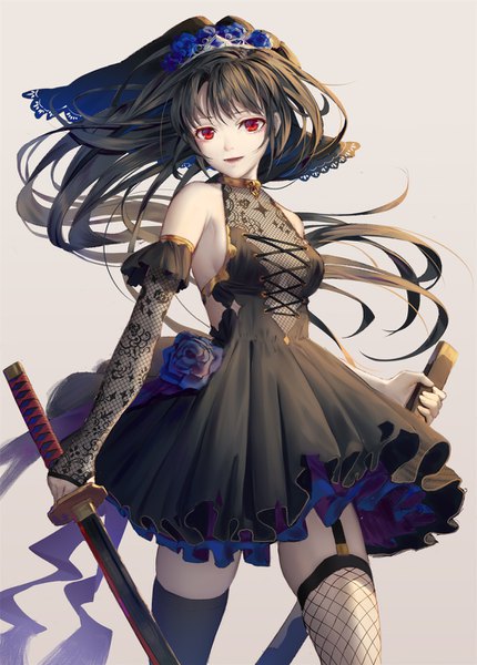 Anime picture 1000x1394 with original ji dao ji single long hair tall image looking at viewer fringe breasts open mouth light erotic black hair simple background smile red eyes standing bare shoulders holding grey background floating hair different thighhighs