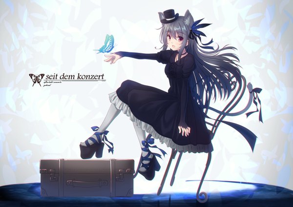 Anime picture 1228x868 with original misaki yuu (dstyle) single long hair blush open mouth sitting purple eyes animal ears full body tail animal tail grey hair cat ears cat girl cat tail outstretched arm lolita fashion goth-loli butterfly on hand