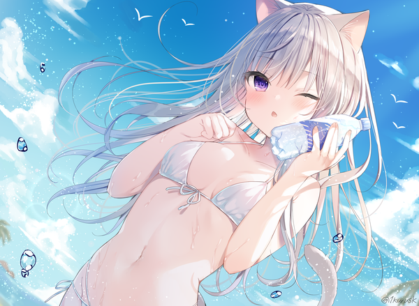 Anime picture 1600x1172 with original mafuyu (chibi21) single long hair looking at viewer blush fringe breasts open mouth light erotic standing purple eyes signed animal ears sky silver hair cloud (clouds) outdoors tail blunt bangs
