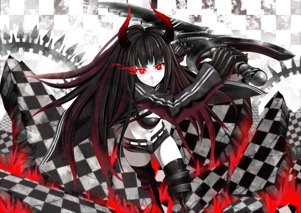 Anime picture 1414x1000 with black rock shooter black gold saw ac (eshi) single long hair black hair red eyes horn (horns) midriff glowing glowing eye (eyes) checkered ruins girl thighhighs gloves sword shorts fire gears