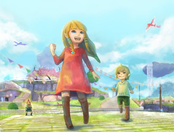 Anime picture 1000x762 with the legend of zelda princess zelda link groose long hair blush short hair open mouth blue eyes blonde hair smile sky cloud (clouds) elf child (children)
