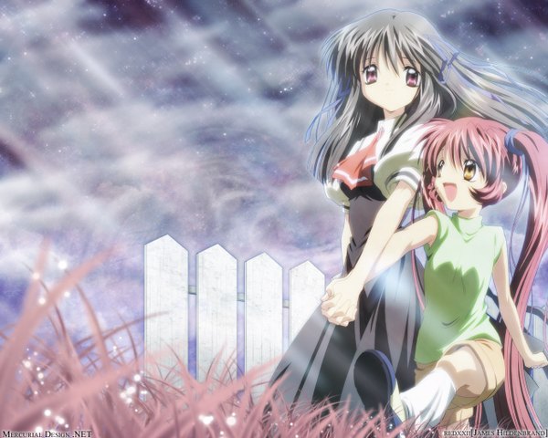 Anime picture 1280x1024 with air key (studio) tohno minagi michiru ikeda kazumi james hildenbrand (redxxii) long hair open mouth black hair purple eyes multiple girls signed yellow eyes outdoors red hair very long hair :d holding hands light walking