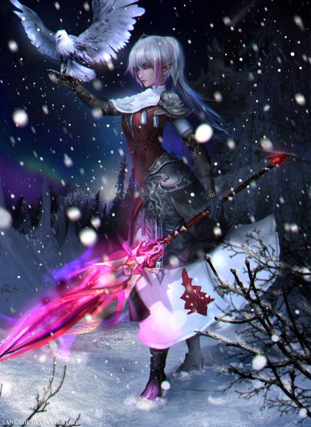 Anime-Bild 1024x1402 mit final fantasy final fantasy xiv square enix sangrde single tall image hair between eyes standing payot silver hair purple hair outdoors pink eyes multicolored hair wind lips pointy ears blurry night high heels