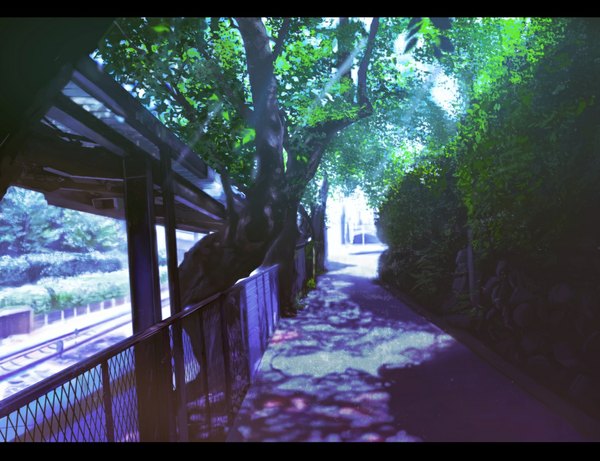 Anime picture 1100x846 with original ochurucchuru sunlight shadow cityscape no people landscape street plant (plants) tree (trees) leaf (leaves) fence stone (stones)