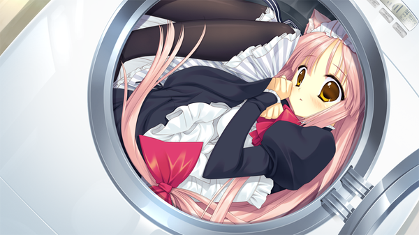 Anime picture 1024x576 with nekonade distortion nanakase gizmo long hair blush wide image animal ears yellow eyes pink hair game cg cat ears maid cat girl girl bow hair bow headdress maid headdress