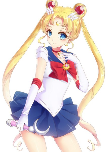Anime picture 990x1399 with bishoujo senshi sailor moon toei animation tsukino usagi sailor moon kyouda suzuka single long hair tall image looking at viewer blue eyes simple background blonde hair smile white background twintails hair bun (hair buns) girl gloves bow earrings
