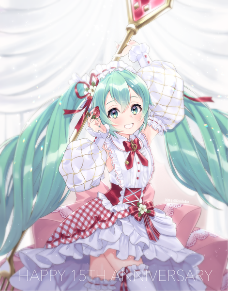 Anime picture 3000x3821 with vocaloid hatsune miku strawberry miku (morikura) gremlinbon single tall image looking at viewer fringe highres smile hair between eyes twintails holding very long hair aqua eyes aqua hair grin anniversary girl thighhighs