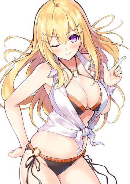 Anime picture 708x1000 with cu-no hakurei botan hisenkaede single long hair tall image looking at viewer fringe breasts light erotic simple background blonde hair smile large breasts white background purple eyes payot cleavage nail polish head tilt