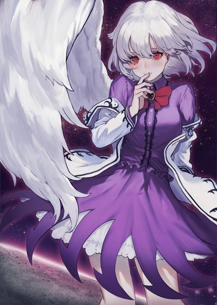 Anime picture 1456x2048 with touhou kishin sagume heoningu single tall image looking at viewer fringe short hair smile red eyes white hair long sleeves off shoulder finger to mouth white wings space single wing girl skirt bow