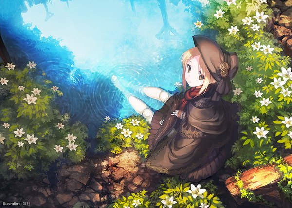 Anime picture 1196x855 with bloodborne from software plain doll ritsuki looking at viewer short hair blonde hair sitting brown eyes barefoot from above sunlight bare legs reflection soaking feet girl flower (flowers) hat animal water